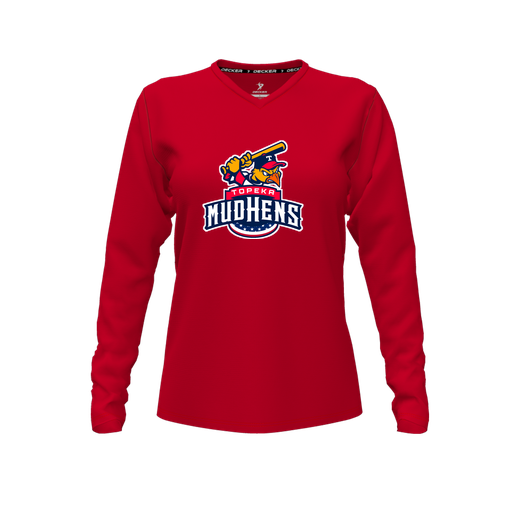 [CUS-DFW-TEES-CMF-VNK-LSL-RED-FYXS-LOGO1] Decker Comfort T-Shirt (Female Youth XS, Red, V Neck, Logo 1, Long Sleeve)