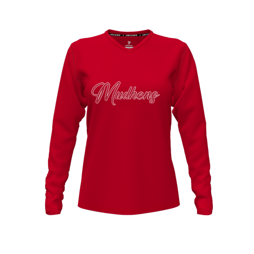 [CUS-DFW-TEES-CMF-VNK-LSL-RED-FYXS-LOGO2] Decker Comfort T-Shirt (Female Youth XS, Red, V Neck, Logo 2, Long Sleeve)